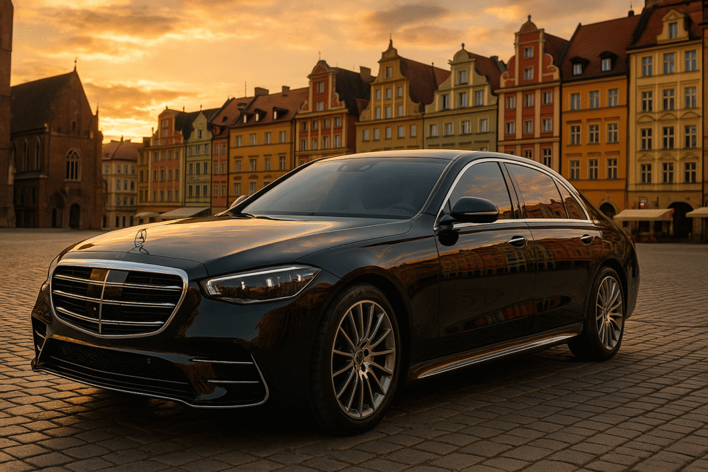 Limuzyna vip taxi Wrocław Mercedes klasy S na tle Rynku