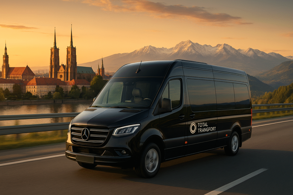 Luksusowy minibus Total Transport na europejskiej autostradzie o zachodzie słońca