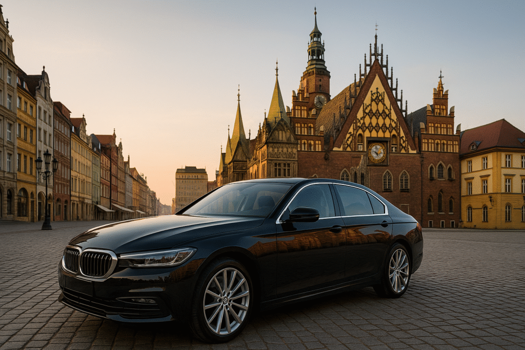 Luksusowa limuzyna przewozu osób na tle Rynku we Wrocławiu