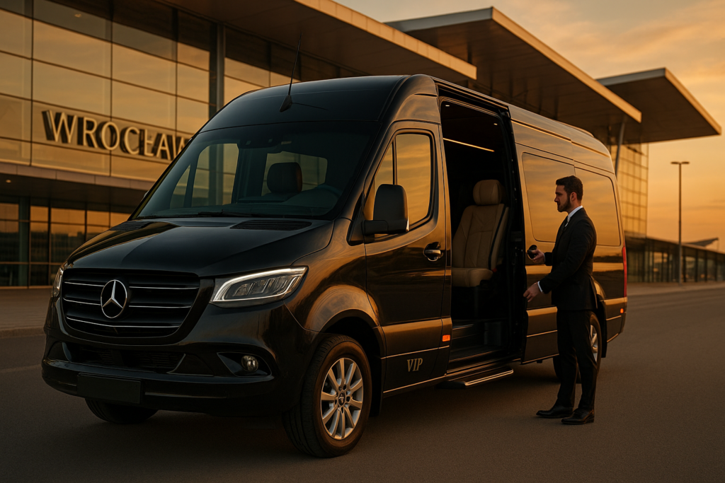 Mercedes Sprinter VIP przed lotniskiem we Wrocławiu z kierowcą otwierającym drzwi