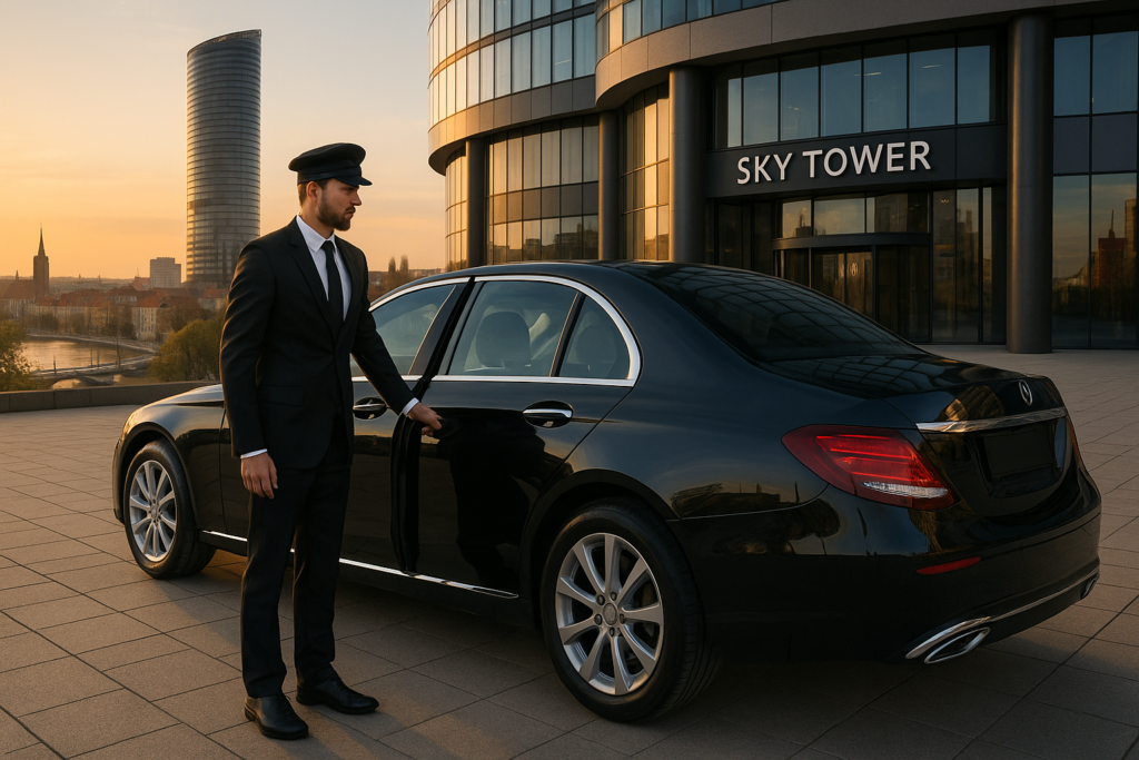 Kierowca w garniturze otwiera drzwi limuzyny premium przed biurowcem we Wrocławiu