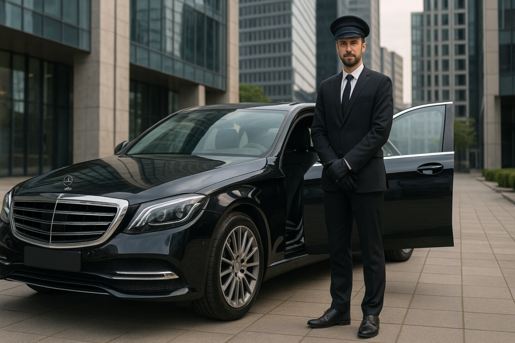 Samochód klasy premium i profesjonalny kierowca podczas realizacji bezpiecznego transportu VIP