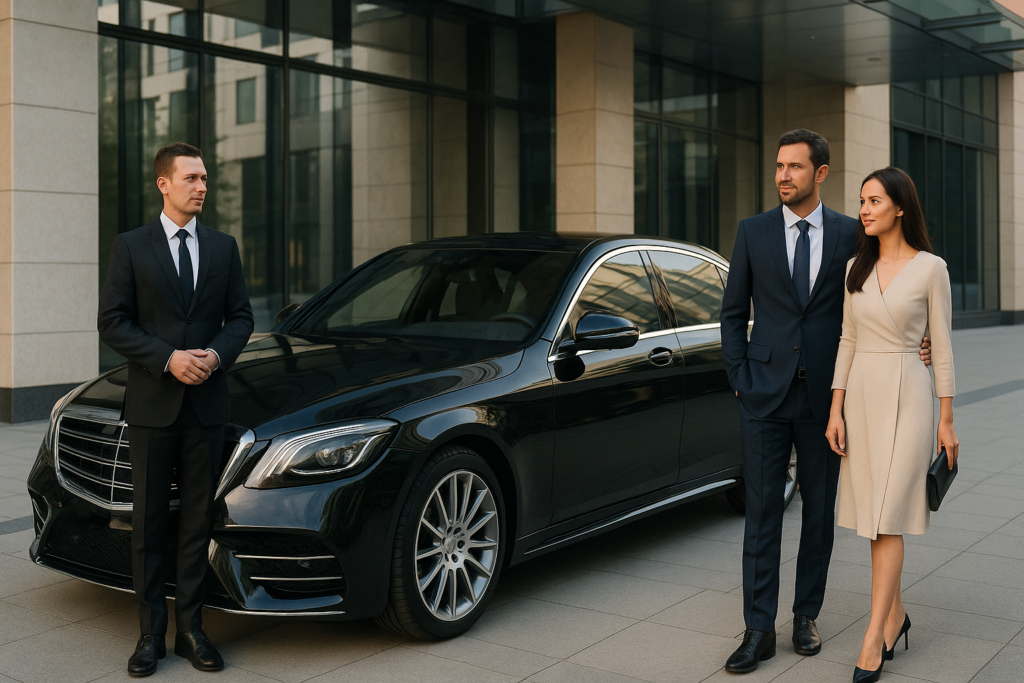 Auto klasy premium z kierowcą podczas obsługi klienta biznesowego przed budynkiem
