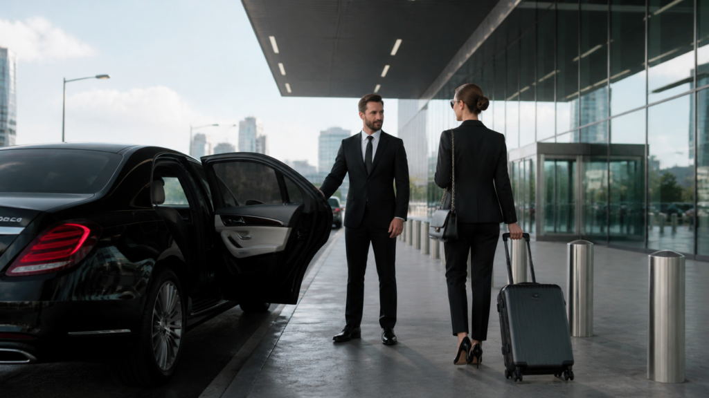 Transport indywidualny premium dla pasażera z walizką przy lotnisku